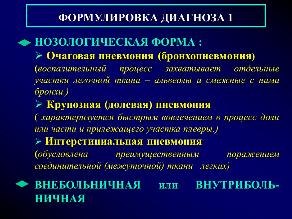 ФОРМУЛИРОВКА ДИАГНОЗА 1 НОЗОЛОГИЧЕСКАЯ ФОРМА : Очаговая пневмония (бронхопневмония) (воспалительный процесс захватывает отдельные участки